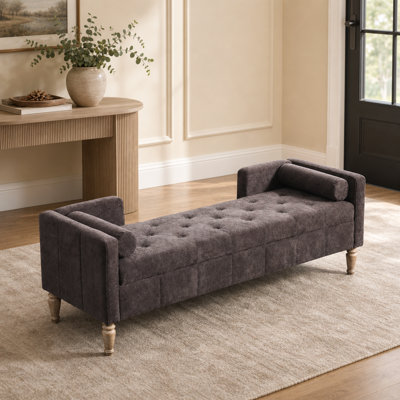 Banc de rangement rabattable en chenille de 64,47 po de largeur, revêtu de chenille avec dossier capitonné, accoudoirs et traversins, café