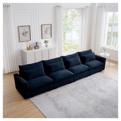 Corduroy 4-Seater Deep Seat Sofa, Comfy Living Room Couch with 4 Waist Pillows