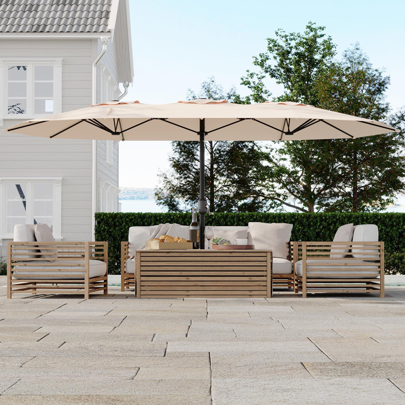Très grand parasol de patio double-face - Parasol de marché extérieur rectangulaire de 15 pi (base non incluse) - Parasol double pour piscine, pelouse et cour arrière - Kaki