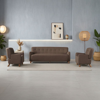 Ensemble de meubles de salon 3 pièces, canapé en lin capitonné et 2 fauteuils d'appoint avec pieds en bois massif