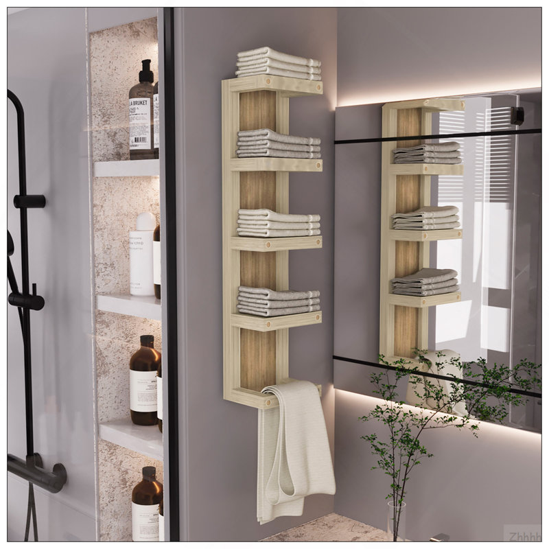 Porte-serviettes mural à 5 niveaux Arlington, organisateur de rangement vertical pour serviettes et accessoires de salle de bain, chêne naturel