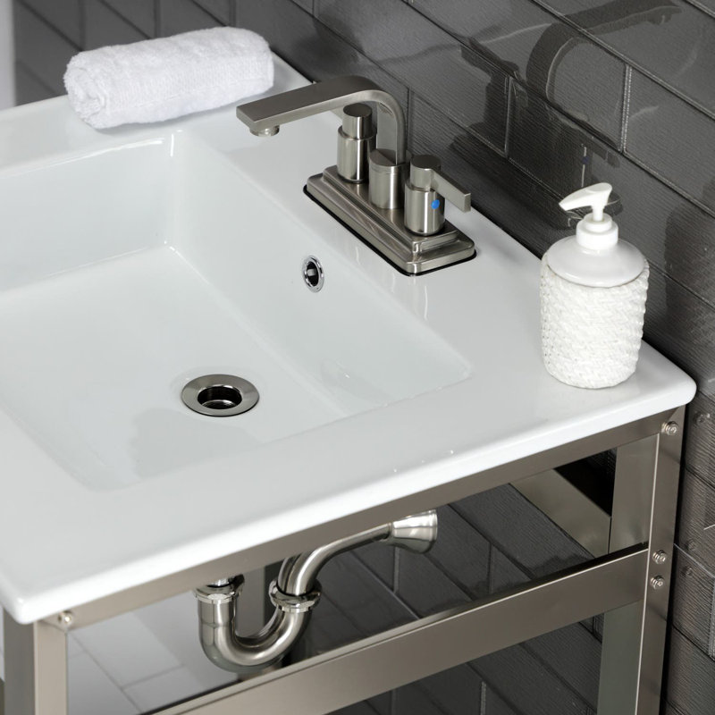 Quadras Ceramic Rectangular Console Bathroom Sink with Overflow, White/Brushed Nickel, 4" Centers