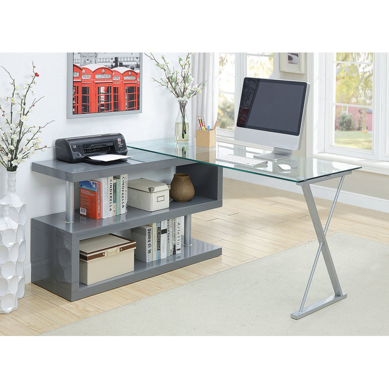 Folden L-Shaped Glass Top Computer Desk, Grey