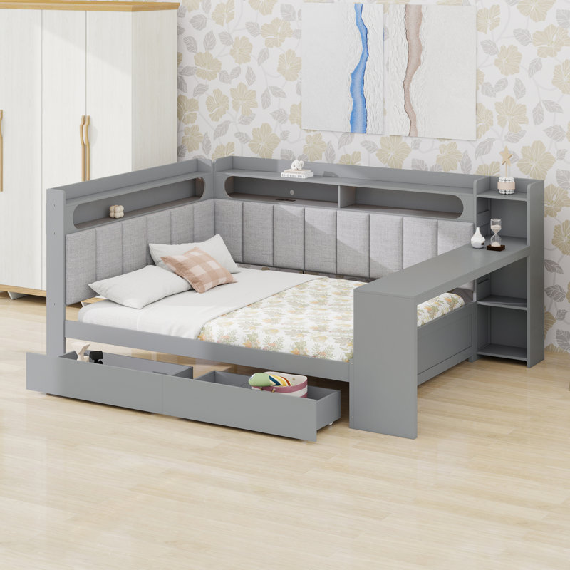 Lit de jour avec tablettes de rangement, bureau, charge, bureau, tête de lit douillette, Gris