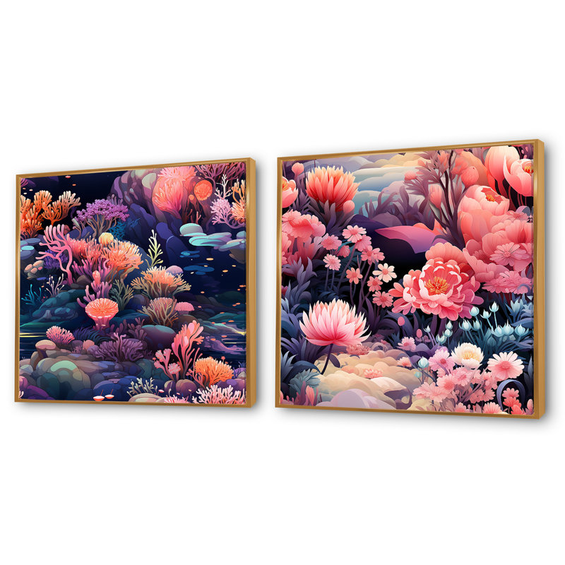Rosenbaum - Ensemble de 2 collages carrés botaniques abstraits, Cadre flottant doré, H 30 po x l 61 po