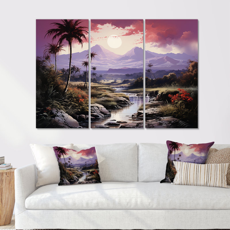«Abstract Hawaii Palm Tree Sunset III - Palmiers et palmiers», ensemble d'art mural, Toile tendue, H 40 po x l 60 po x P 1 po