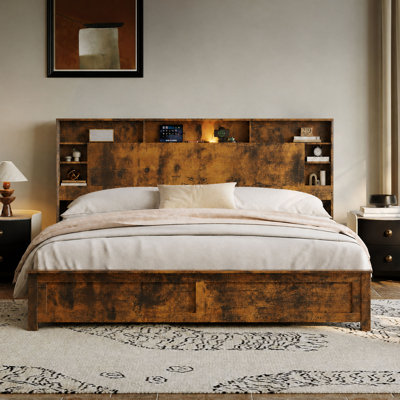 King Modern Farmhouse Tiered Compartment Storage Bed Frame with SB+Type-C Charging Sensor Light
