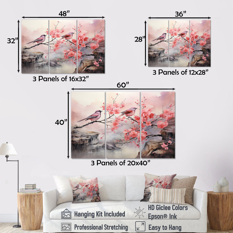 Sakura oiseaux roses sur arbre en fleurs roses - Art mural oiseau, H 28 po x l 36 po