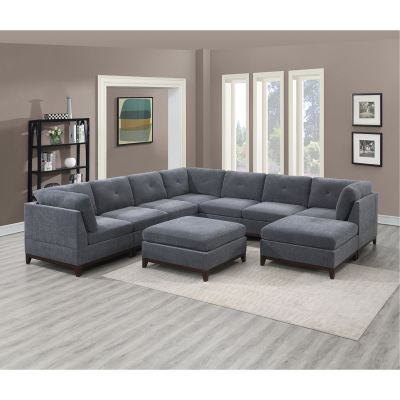 Chenille Fabric Modular Sectional 9Pc Set Living Room Furniture Corner Sectional Couch 3X Corner Wedge 4X Armless Chairs And 2X Ottomans Tufted Back Exposed Wooden Base