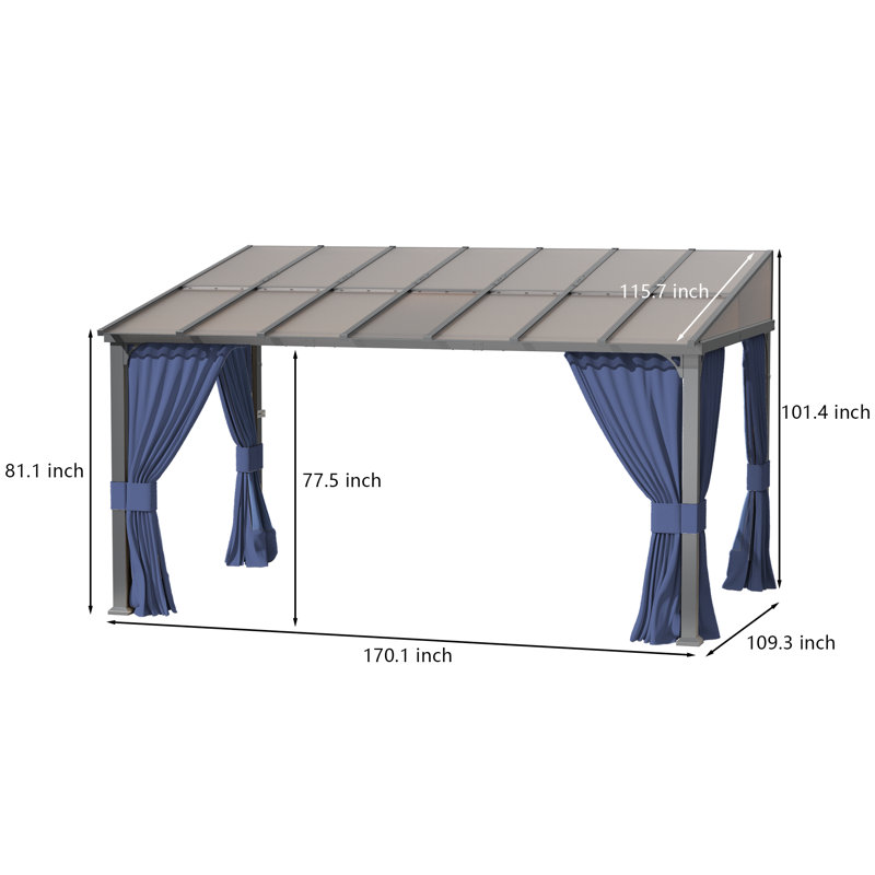 Modern Outdoor Slant-Top Hardtop Gazebo With Black Metal Frame And Curtains, 101.4" H x 340.2" W x 115.7" D