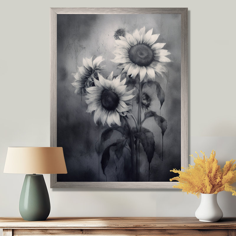 Noir, blanc, doré, art mural floral, 20" H x 12" W, Black Picture Framed