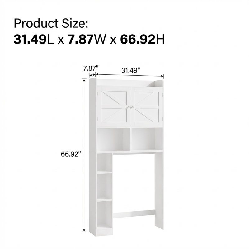 Armoire de rangement autoportante au-dessus de la toilette avec tablette réglable et portes doubles, organisateur de salle de bain avec tablettes ouvertes