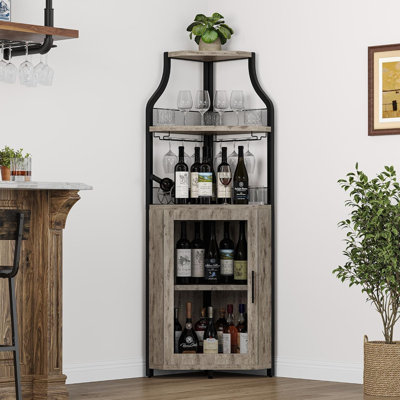 Corner Wine Cabinet with Wine Rack & Glass Holder, 5 Tier Bar Cabinet, Grey by Williston Forge