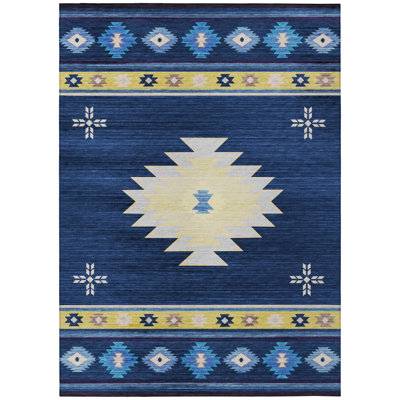 Tapis bleu / beige en polyester tissé à la machine intérieur / extérieur Jonea Southwestern