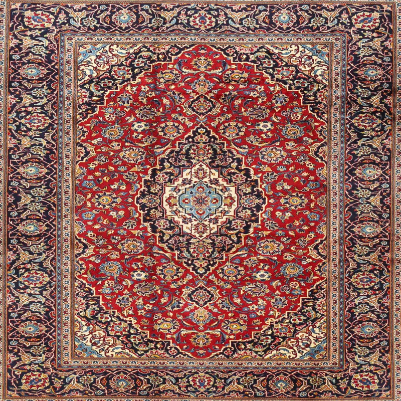 Tapis oriental en laine et polyester rouge et noir tissé au métier mécanique, Carré 7 pi