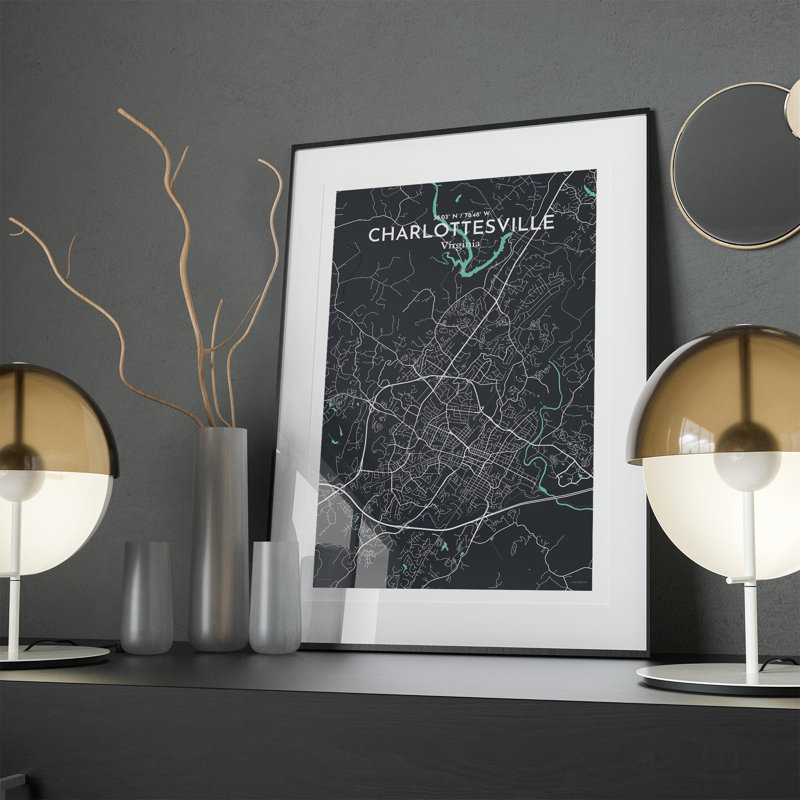 Charlottesville, carte de la ville, impression graphique, H 17 po x l 11 po x P 0,05 po, Vert / gris