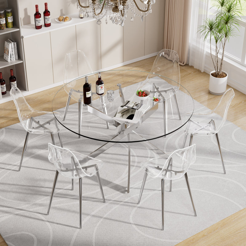 Mortie 6 - Person Glass Top Pedestal Dining Set, Silver, 29.5"H x 47"L x 47"W