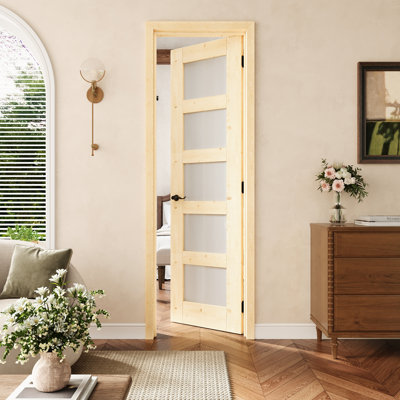 Porte pré-suspendue intérieure en bois de pin et verre givré 24 po x 80 po 5-Lite-Lite avec charnières noires, dalle de porte en verre avec cadre, porte intérieure comme porte de garde-manger, porte de chambre à coucher, porte de buanderie, portes de placard, portes de pièce, droite