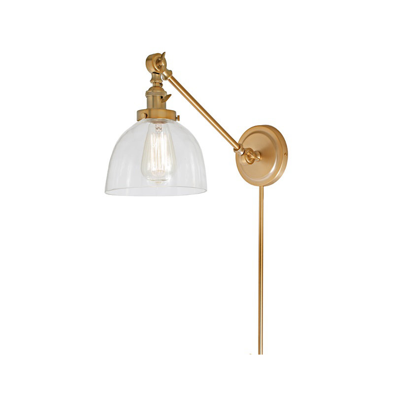 Martucci Plug-in Swing Arm Sconce, Rubbed Brass, Transparent Glass