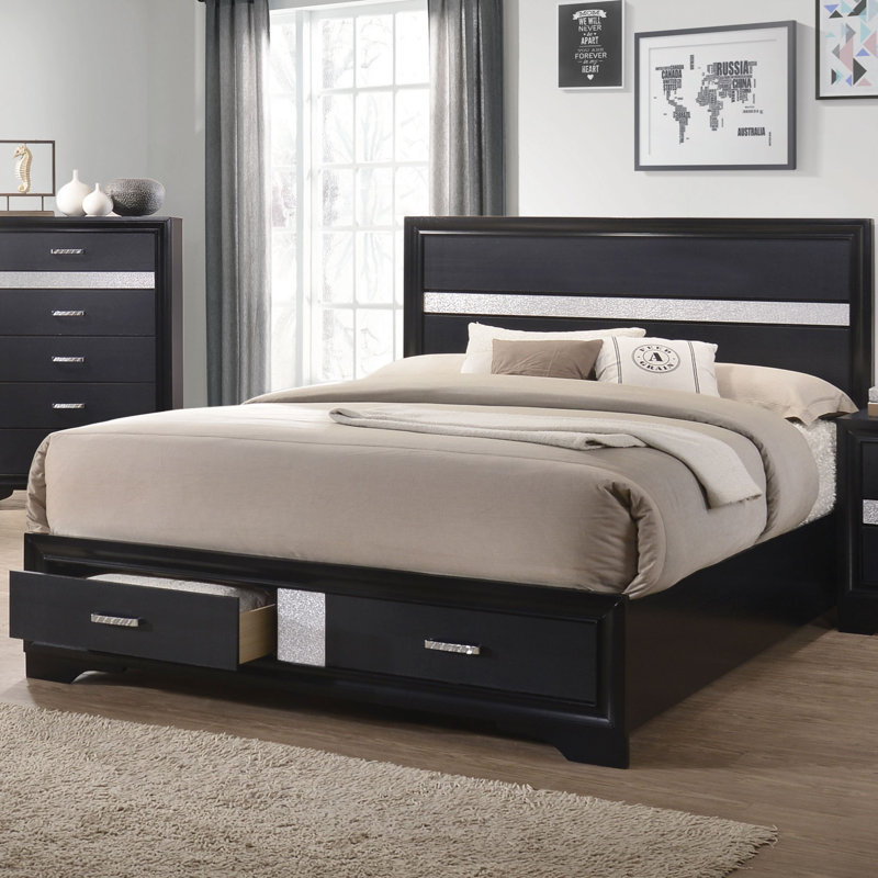Storage Panel Bed with 2 Drawer, Black, King