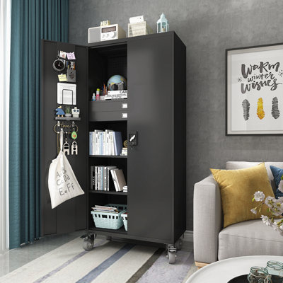Armoire de rangement en métal avec portes et tablettes réglables, armoire de garage verrouillable noire de 72 pouces avec roues, tiroirs et panneau perforé