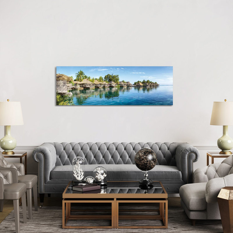 Overwater Bungalows at a luxury beach resort on Moorea, French Polynesia 1 Piece Wrapped Canvas Panoramic Wall Art