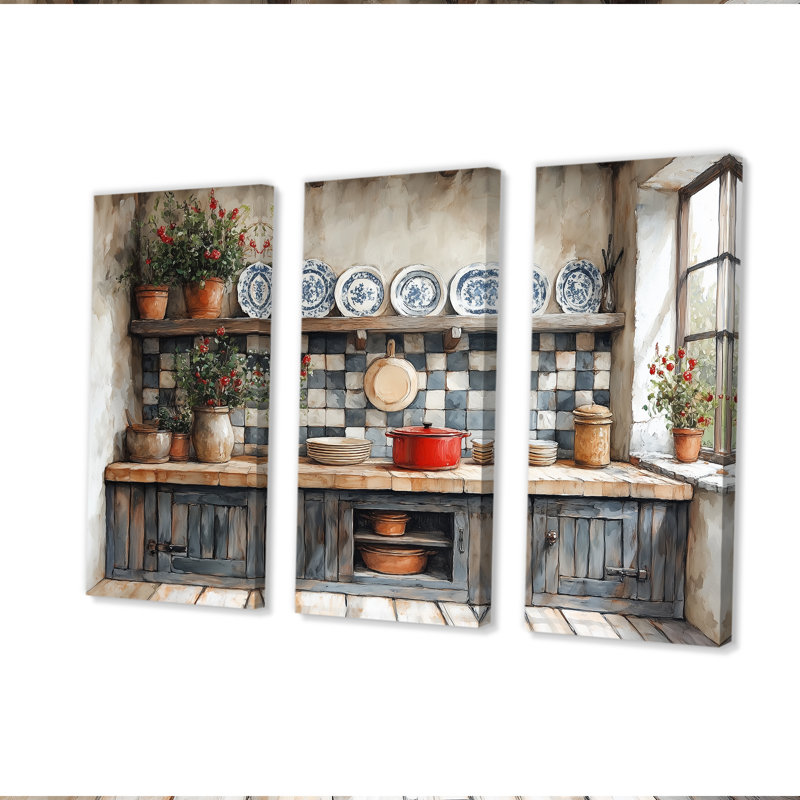 «Gray Country Kitchen Rustic Charm I», ensemble d'art mural de cuisine, H 28 po x l 36 po x P 1 po, Toile tendue