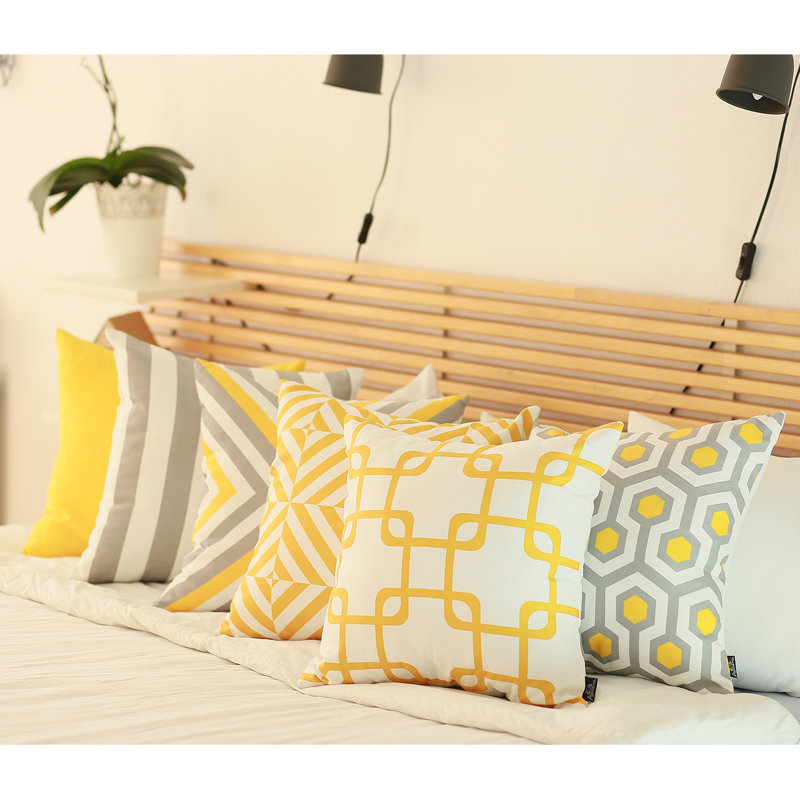 Geometric Gray and Yellow Polyester Pillow Covers Set of 4