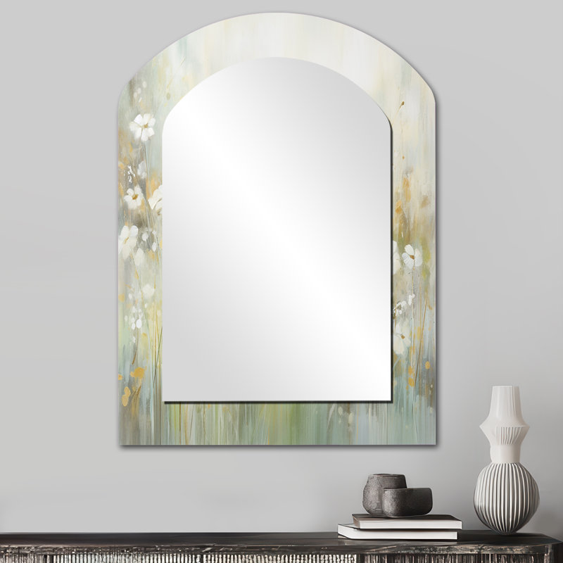 Green Beige Serene Meadows II - Botanicals Arch Mirror, Green Asymmetrical Unique Wall Mirror, Printed Metal Art, 34" x 25"