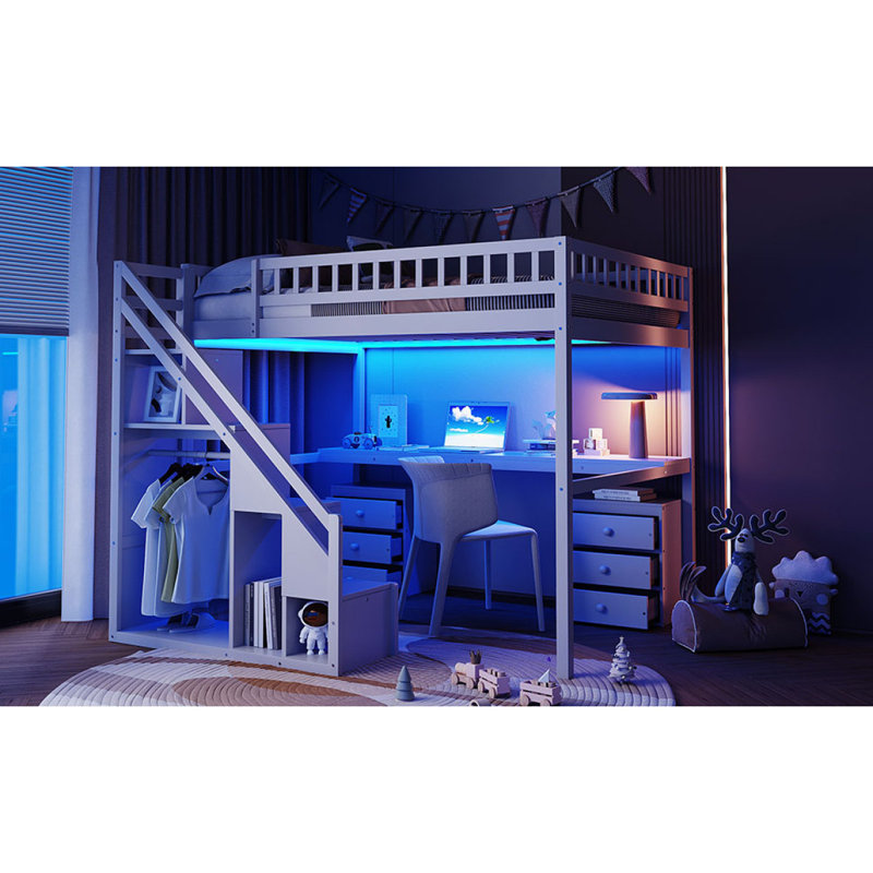 Lit mezzanine double avec commode, bureau et bande lumineuse, blanc, Blanc