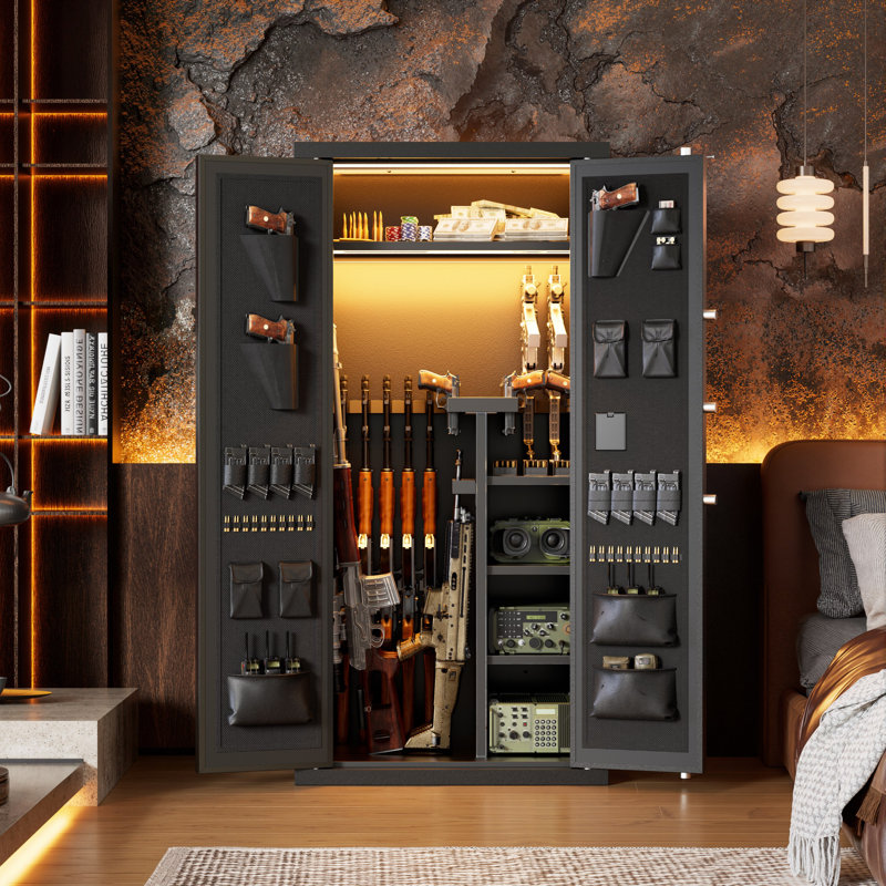Coffre-fort à double porte pour fusil - capacité de 29 carabines et 16 armes de poing, armoire à armes à feu robuste avec verrou numérique, éclairage intérieur à DEL, porte battante à 180 ° et organisateur de panneau, coffre-fort non assemblé