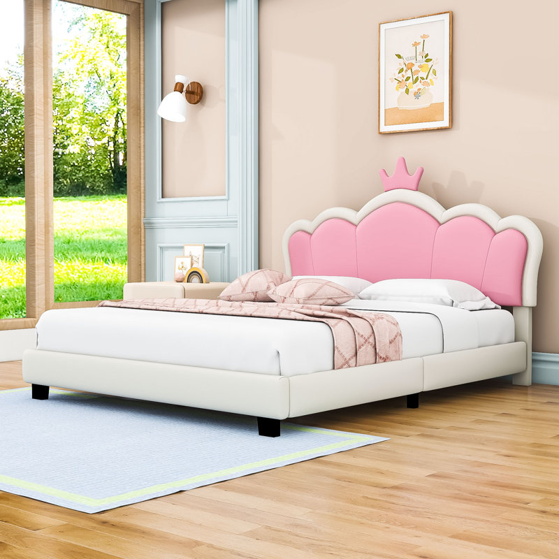 Upholstered Platform Bed With Crown Headboard, Full/Double, Pink/White