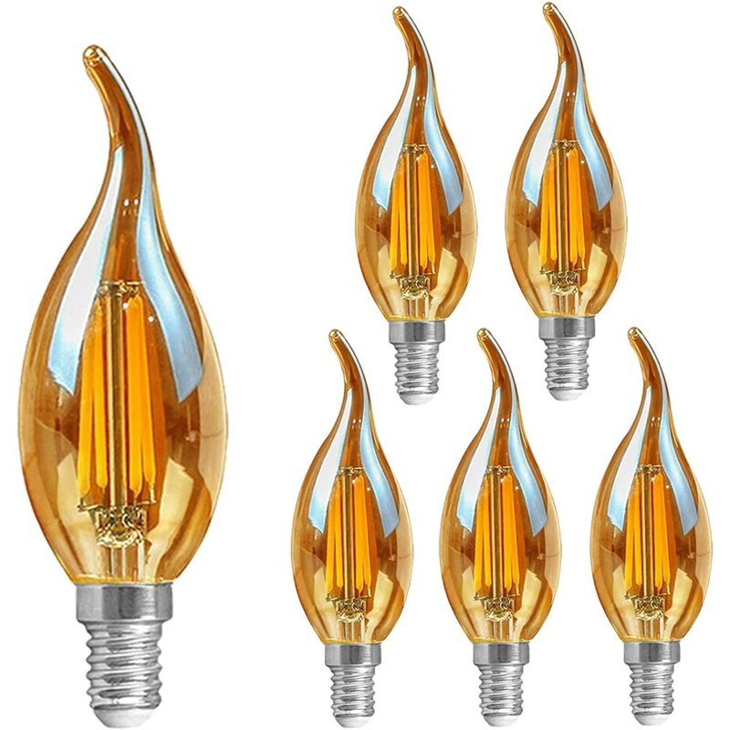 E14 LED Candle Bulb 4W C35 Flame Tip Dimmable Vintage Filament Light 2700K Warm White Amber Glass Energy Saving Small Edison Screw for Chandeliers, Wall Lamps, Sconces