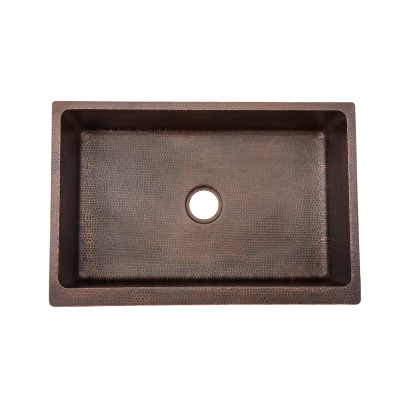 33" Hammered Copper Kitchen Apron Single Basin Sink w/ Barrel Strap Design with Matching Drain and Accessories