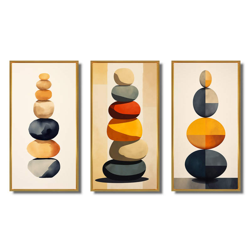 Ensemble de 3 pièces Spiritual Stone Art - équilibrage visuel des roches, Cadre flottant doré, H 28 po x l 36 po