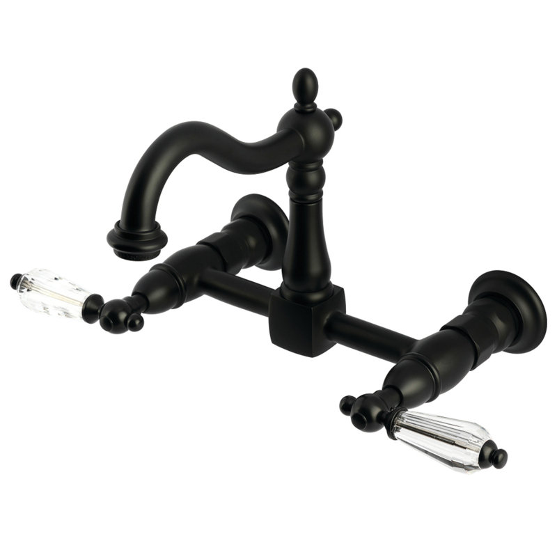 Kingston Brass Double-Handle 2-Hole Wall-Mount Bridge Kitchen Faucet, Lever Handle, Matte Black
