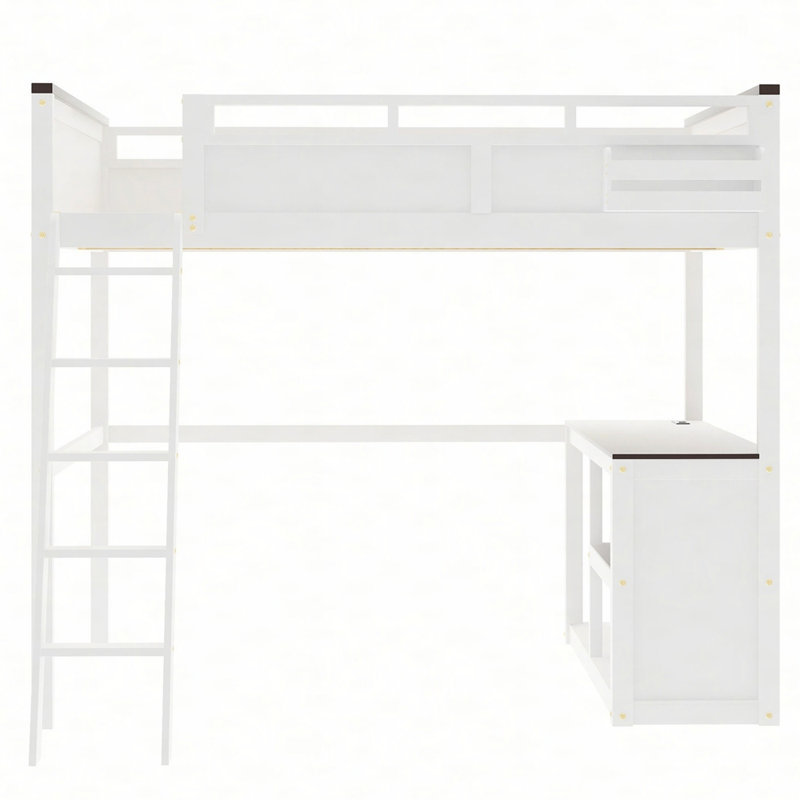Grand lit mezzanine avec bureau, tablette ouverte et boîte de rangement, station de charge USB