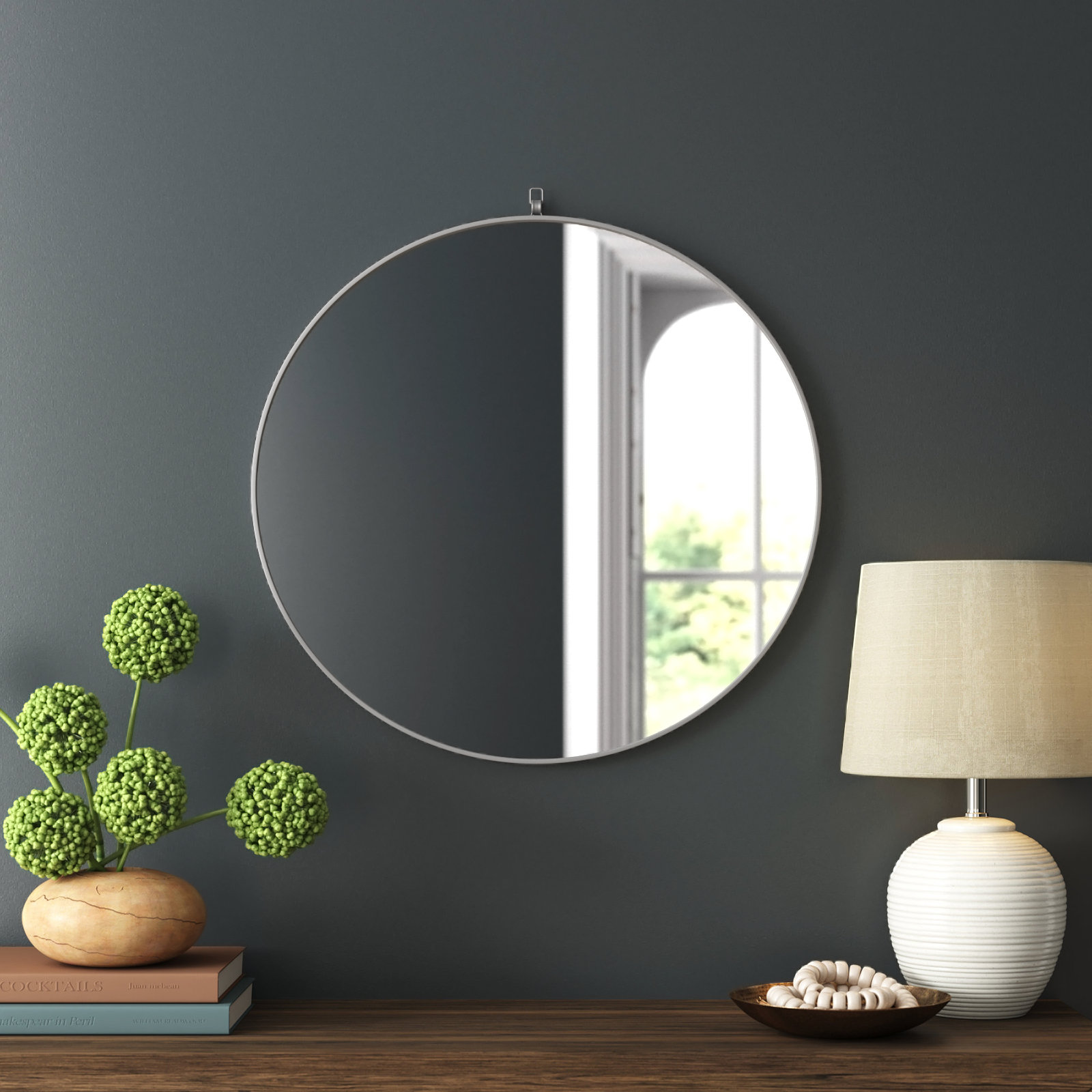Cassie Metal/Manufactured Wood Round Wall Mirror, 28" x 28" , Silver