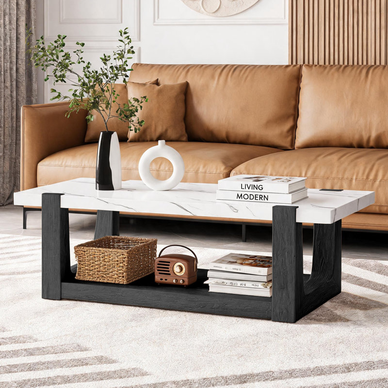 Table basse 48 po à 2 niveaux en faux marbre avec tablette inférieure, Base noire