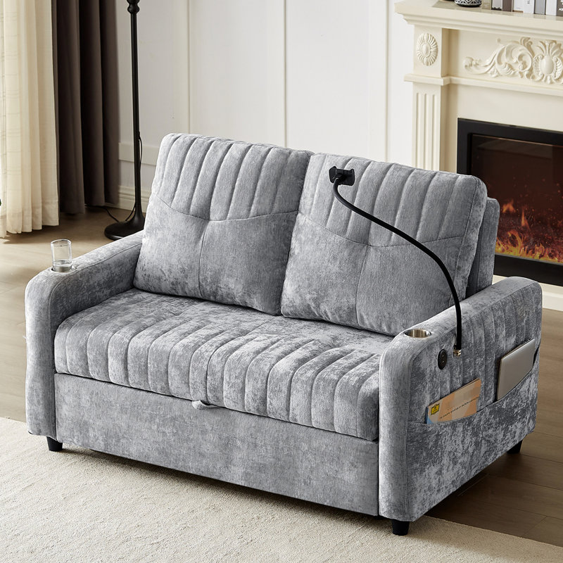 Lit de 53,9 po avec rangement réglable et essentiel, ports de charge gris et poches latérales, Grey