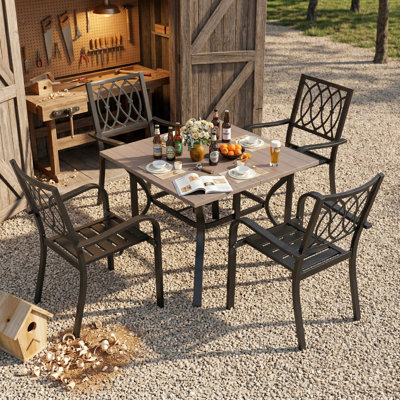 5 Piece Outdoor Patio Dining Set With 4 Metal Chairs 350 Lbs Capacity And Square Wood Grain Table Umbrella Hole