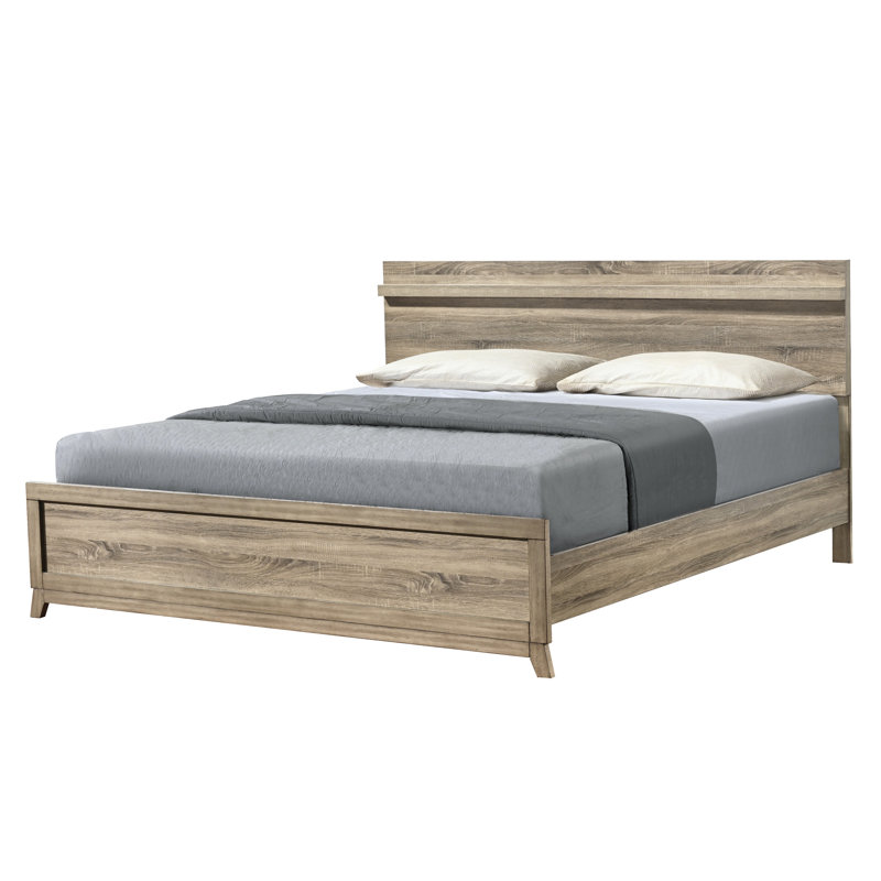 Grand lit moderne au fini bois naturel rustique avec cadre artisanal et tête de lit subtile pour la chambre à coucher