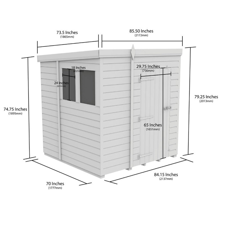 7ft x 6ft Pent Shed - Single Door with Windows