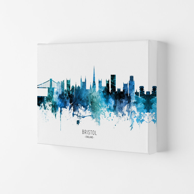 Bristol England Skyline Blue City Name by Michael Tompsett - Print, 42cm H x 59.4cm W x 4cm D, Wrapped Canvas