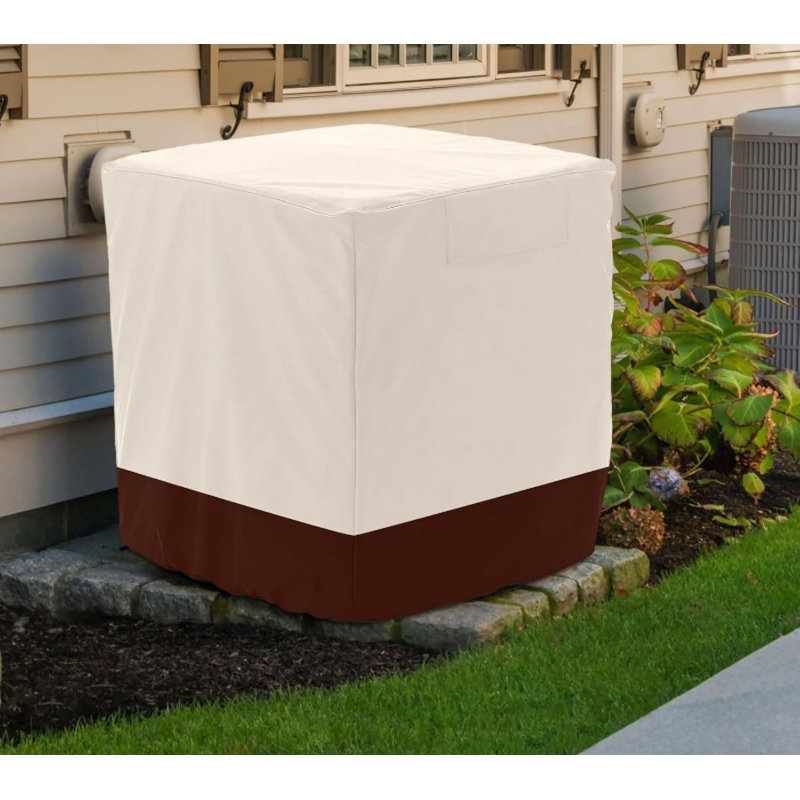 Housse de protection extérieure pour climatiseur, imperméable et résistante aux UV, avec aérations avant et arrière, poignées supérieures, fermeture par bande autoagrippante, boucle en sangle, cordons de serrage à œillets et sac de rangement.