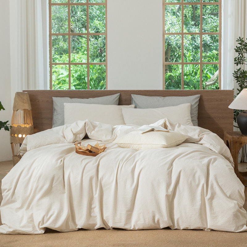 MooMee Striped Duvet Cover Set 100% Washed Cotton Linen Like Textured, Queen Duvet Cover + 2 Standard Pillowcases