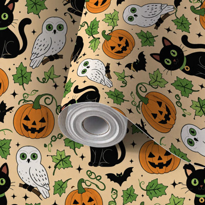 Papier de contact à peler et coller, papier peint, citrouilles d'Halloween, chats noirs, chauves-souris, beige, auto-adhésif et amovible 24 po x 118 po (60 x 300 cm)