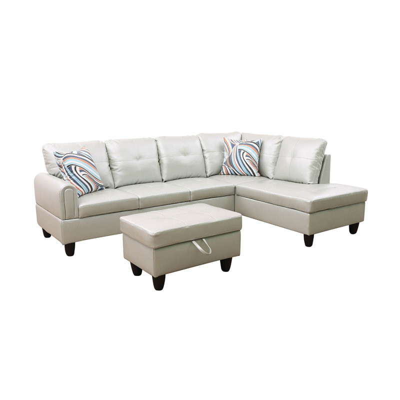 Jayzen 3 - Piece Vegan Sectional, Right Hand Facing, Black, Pearl White Faux Leather