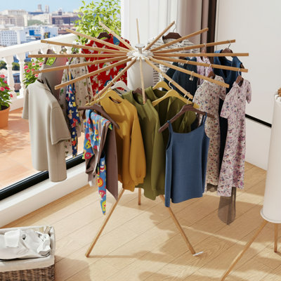 White Floor-Standing Tripod Clothes Drying Rack With 16 Wooden Poles. Foldable And Extendable Design. Suitable For Home Use, Saving Space And Easy To Store.