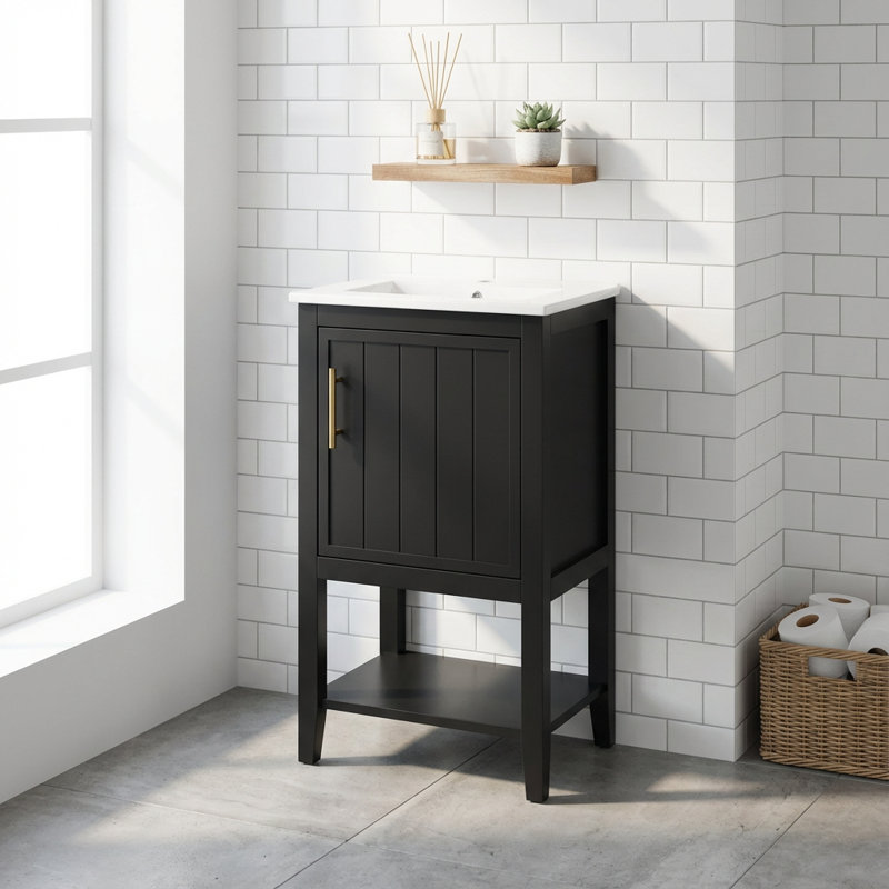 Meuble-lavabo autoportant de 20 pouces avec lavabo en céramique, porte à fermeture en douceur et rangement intégré, Noir